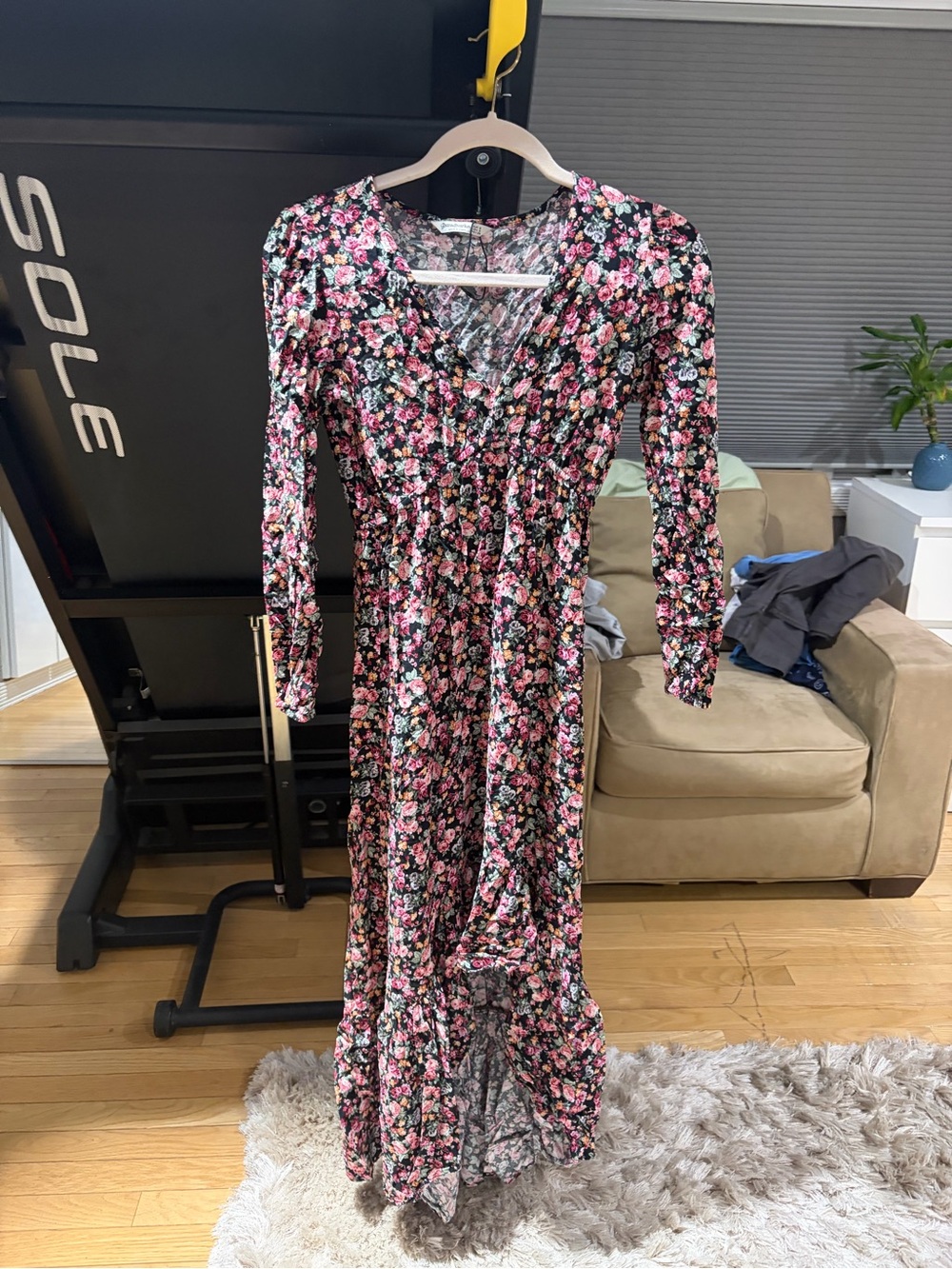 stradivarius Black Maxi Dress with Pink Floral Print